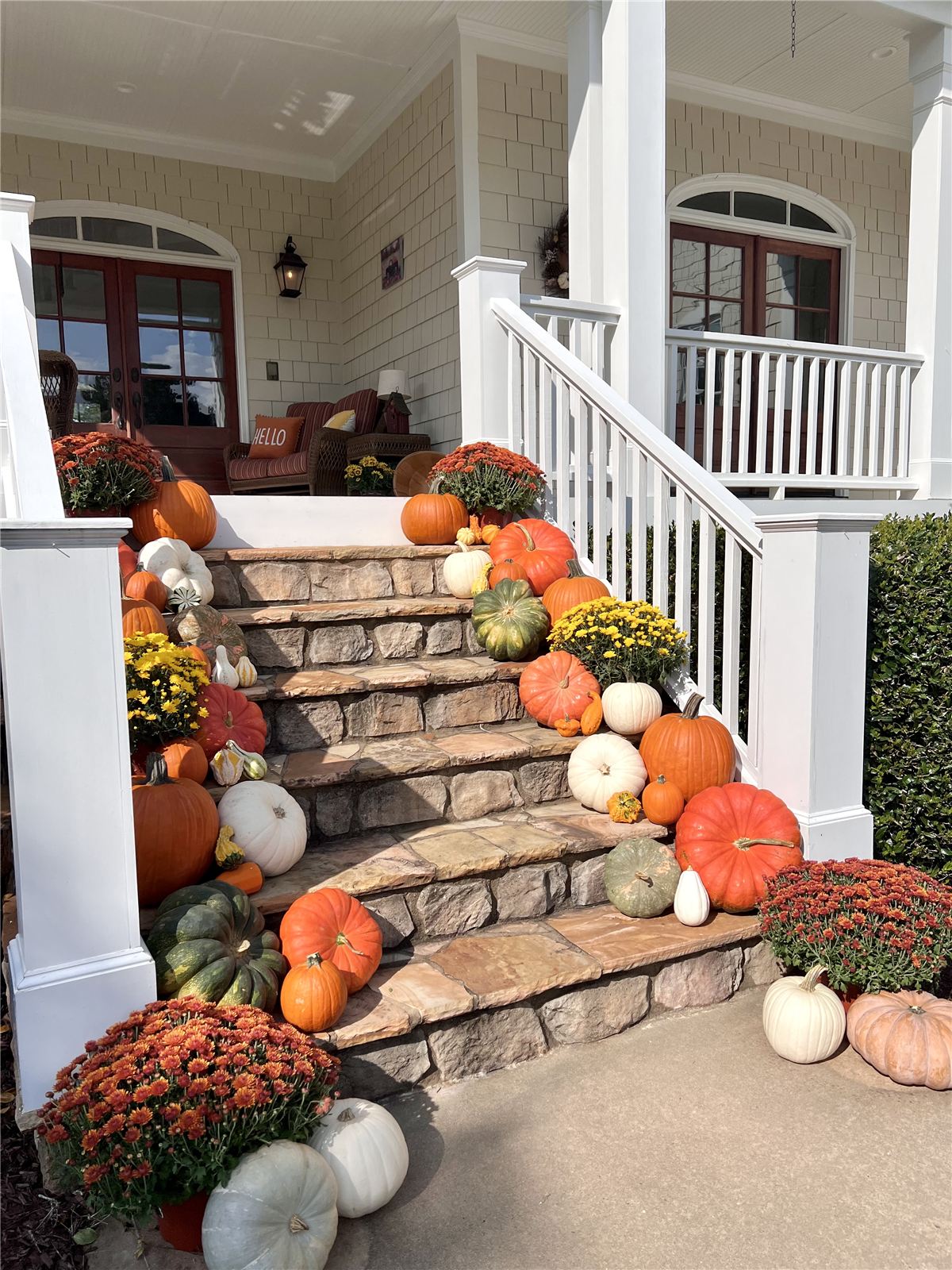 Seasonal porch display with mums and specialty pumpkins
